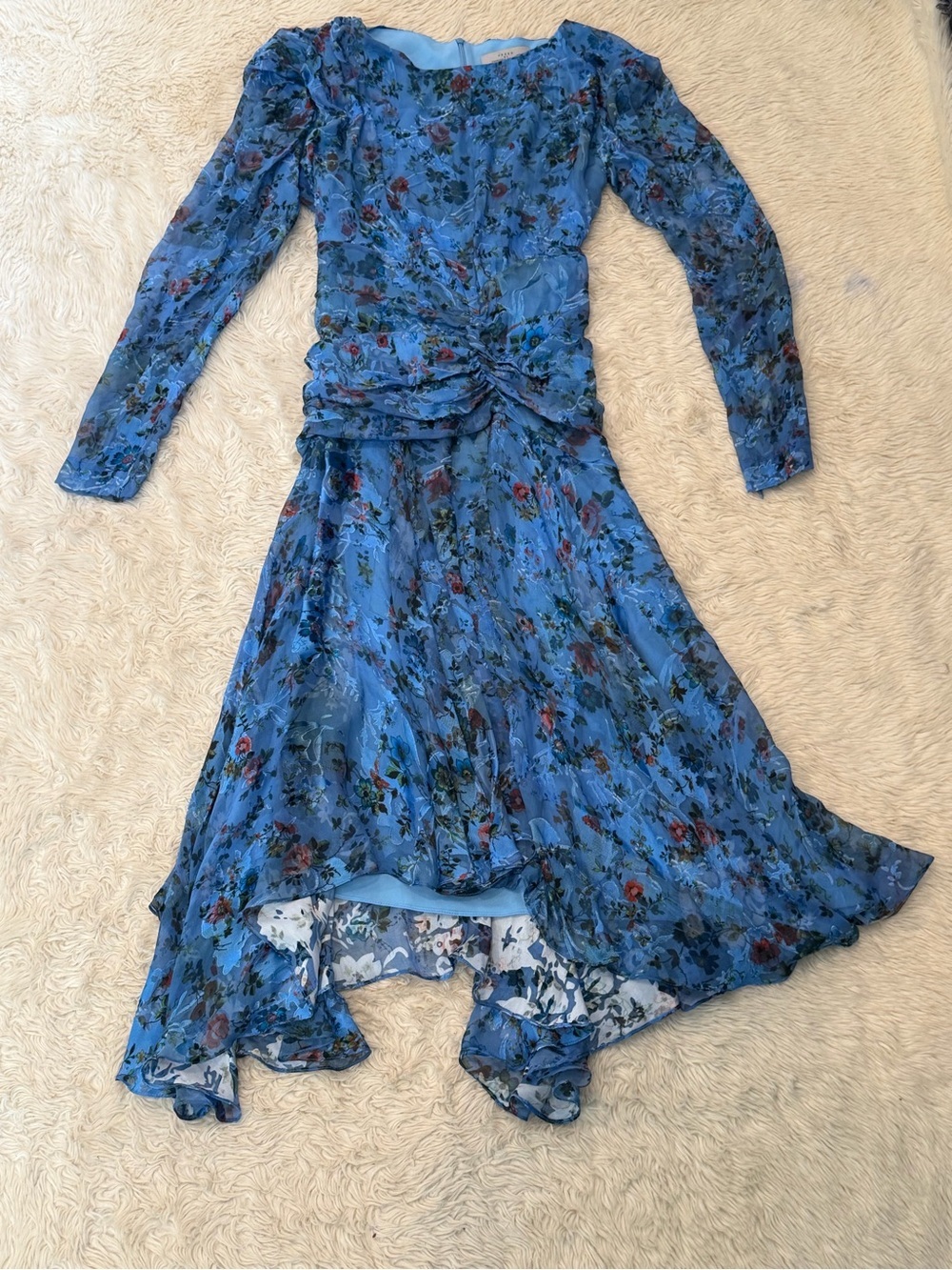 Preen by Thornton Bregazzi Blue Floral Silk Blend Ruched Midi Dress - Size Small